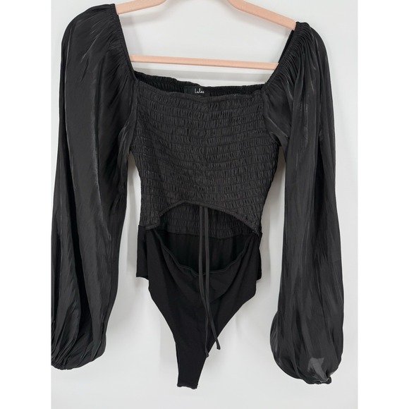 Lulus Tops - Lulus Black Smocked Square Neck Bodysuit with Satin Balloon Sleeves & Cutout M